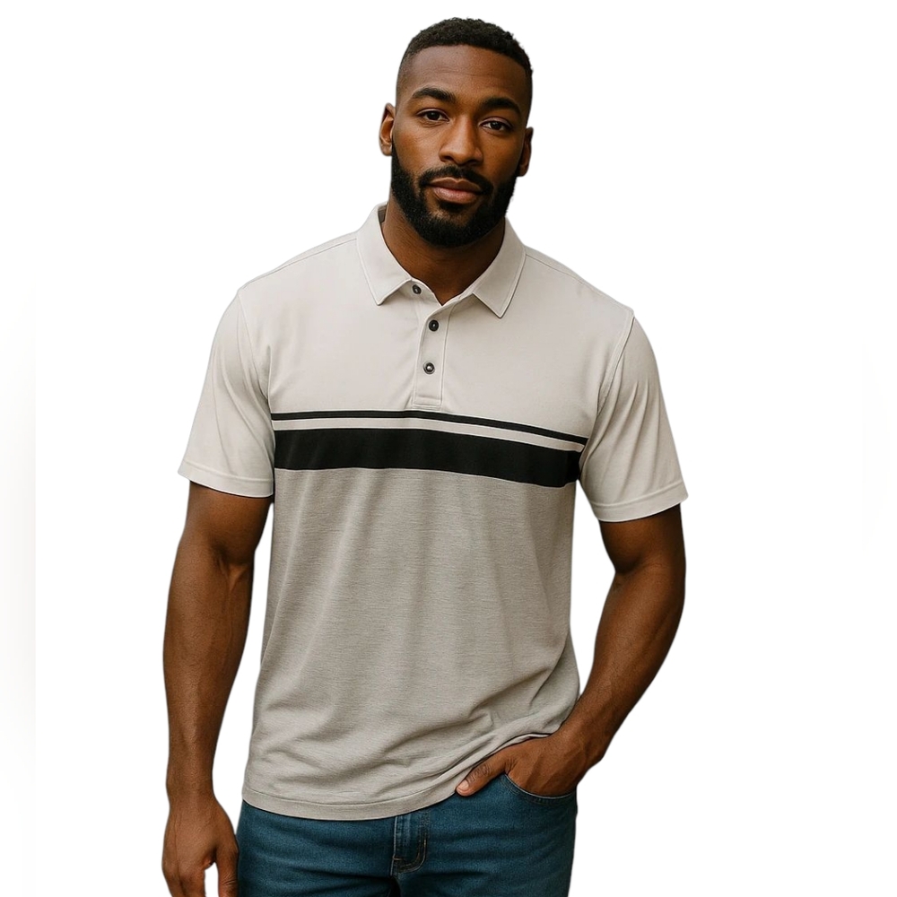 FootJoy Striped Gray White Short Sleeve Collared Polo Shirt Mens Size Large